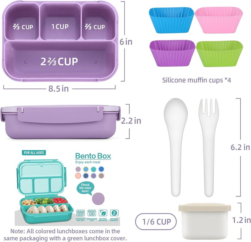 QQKO Bento Box Adult Lunch Box, Lunch Containers for Adults Men Women, Kids Lunch Boxes for School with 4 Compartments, Sauce Container, Utensils and Muffin Cups, Purple - Image 2